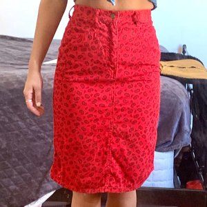 Red + Black Paisley Denim High Waisted Midi Skirt